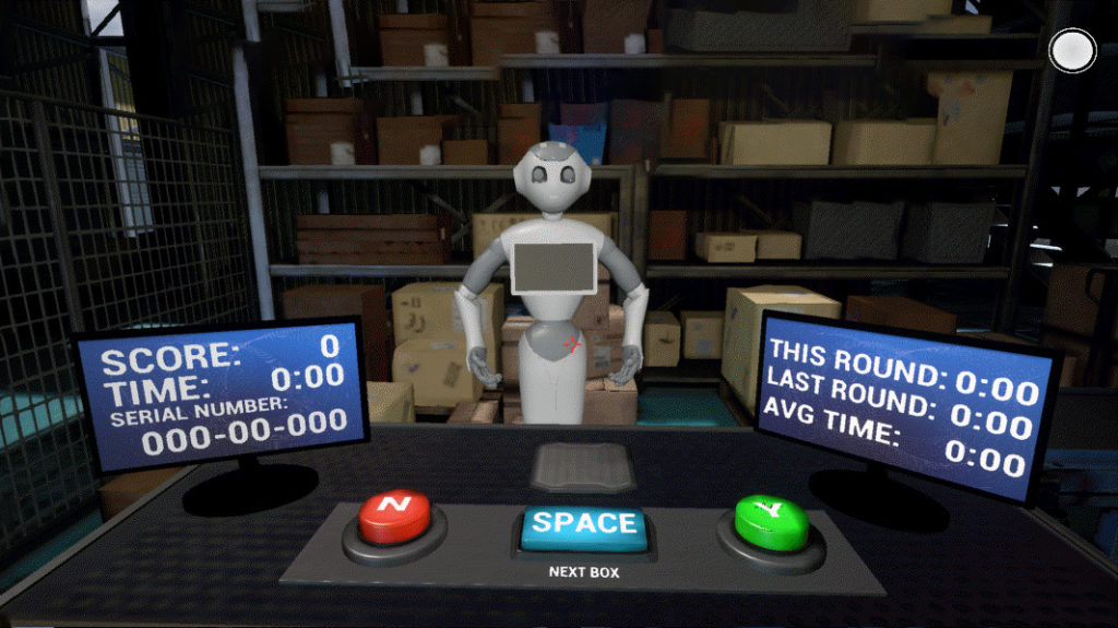 A mechanical arm in a virtual work setting with boxes and working statistics.